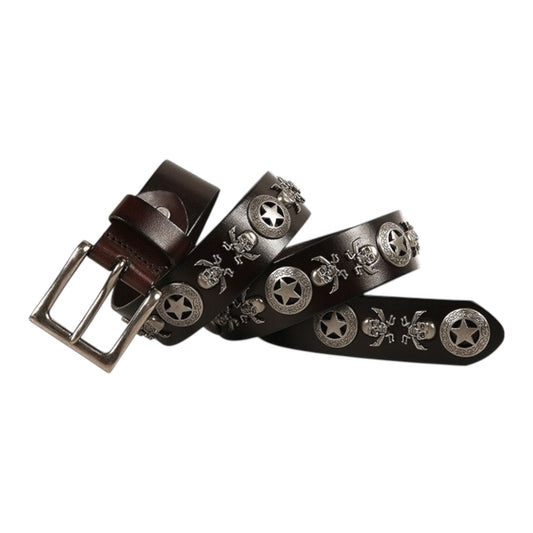 OUTLAW STAR & SKULL STUDDED LEATHER BELT